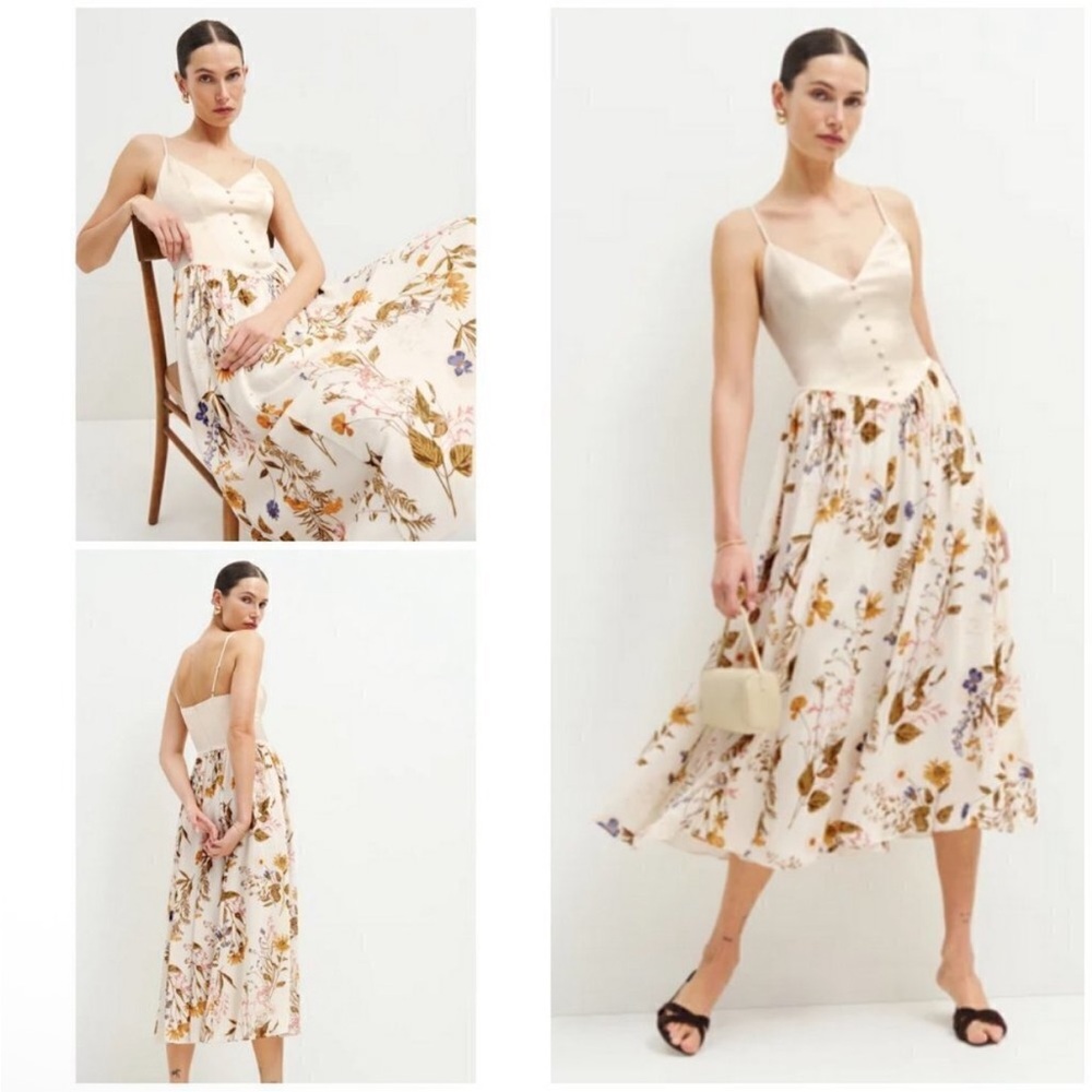 Reformation Everleigh Satin Floral Midi Dress Corset Bodice Size 0 Retail$249